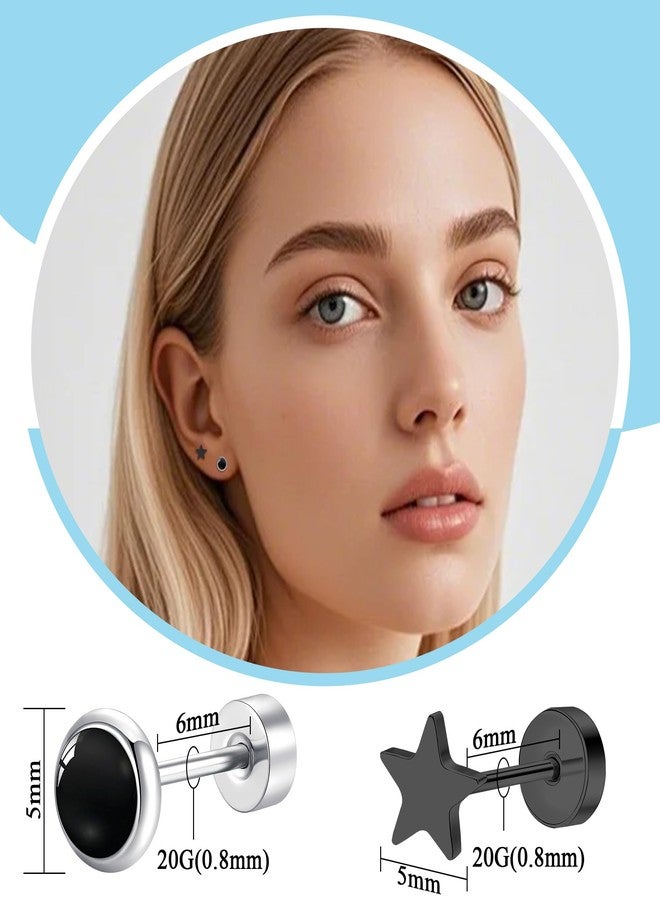 BLISI 2 Pairs Titanium Black Onyx & Heart/Moon/Star/Dot Earrings - Flat Back Earring Black Stud Earrings for Men & Women -Hypoallergenic, Trendy Earring Ideal for Daily Wear, Parties & Gifting (Black, Onyx+Star) - Image 4